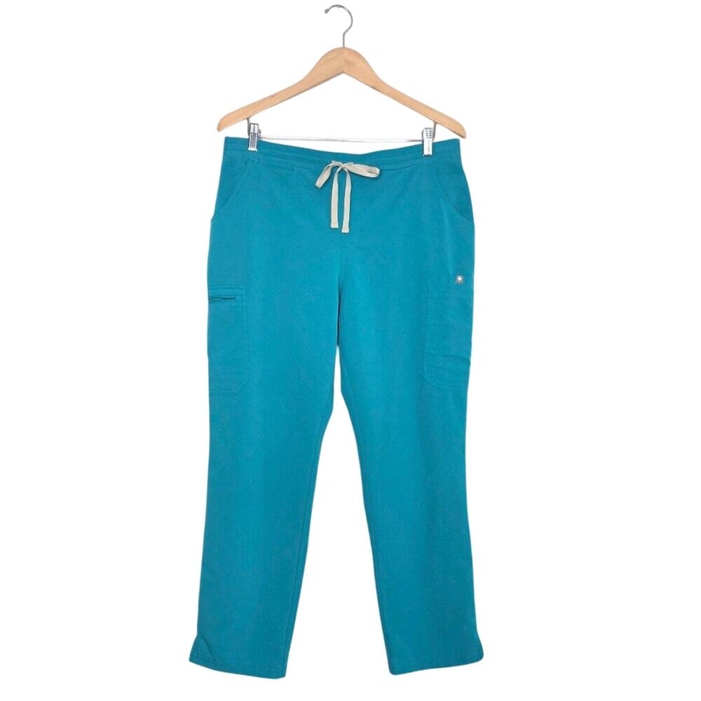 FIGS Yola Skinny Scrub Pants Large Teal Blue 11-Pocket Yoga Waist Straight Leg